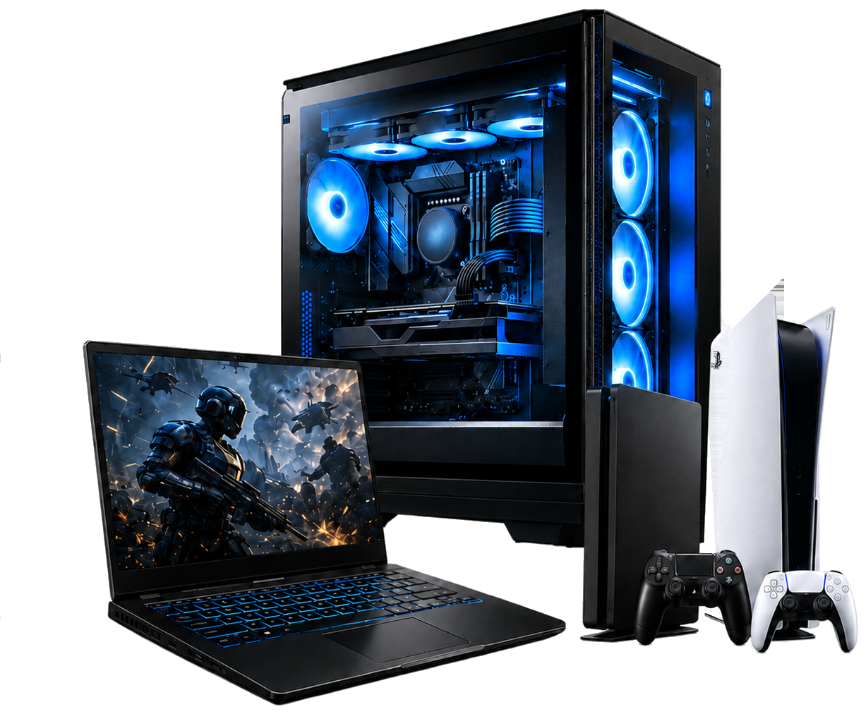 PC gamer, notebook e consoles em fundo transparente